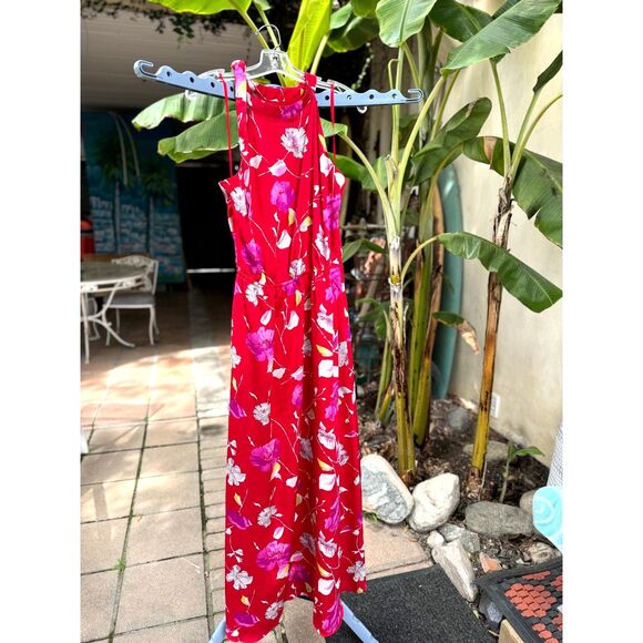 Banana Republic Red Floral Sleeveless Tie Neck Halter Maxi Dress Size S TALL - Picture 1 of 11